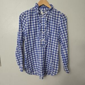 J. Crew Classic Fit Ruffle Popover Shirt Crinkle Gingham Blue Sz 2 Victorian